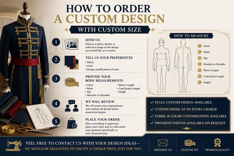 May include: An instructional infographic titled HOW TO ORDER A CUSTOM DESIGN WITH CUSTOM SIZE. It features a navy blue military-style jacket with gold trim, a red sash, a sketch pad, scissors, and a measuring tape. It outlines five steps for ordering.