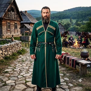 May include: A long, dark green coat featuring a high collar, gold trim, and two rows of decorative cartridge holders across the chest. The garment is worn over a black shirt and includes a thin black belt with small metal accents at the waist.