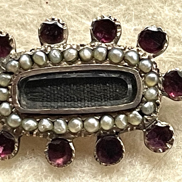 Georgian Foiled Garnet Brooch with Hair and Seed Pearls - Bonnet, Veil, Lace, Fichu Pin