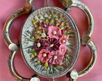 Victorian Swivel Brooch Clay Flowers Each Side 1850's - Very Unusual!!