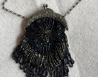 Edwardian Art Nouveau Beaded Purse Black and Navy Beads