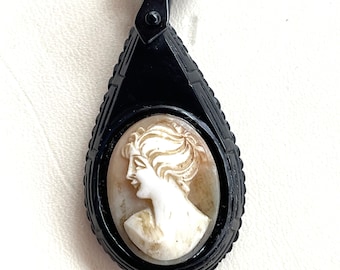 Victorian Cameo Whitby Jet Pendant with Modern Gold Chain