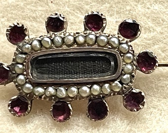 Georgian Foiled Garnet Brooch with Hair and Seed Pearls - Bonnet, Veil, Lace, Fichu Pin