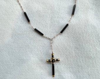 Victorian French Jet Pendant Cross Necklace - LONG