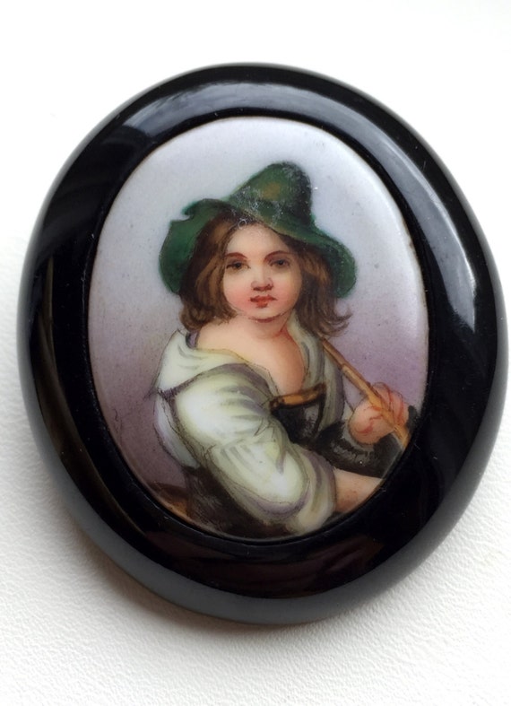 Victorian Brooch Whitby Jet Painted Porcelain Tyr… - image 5