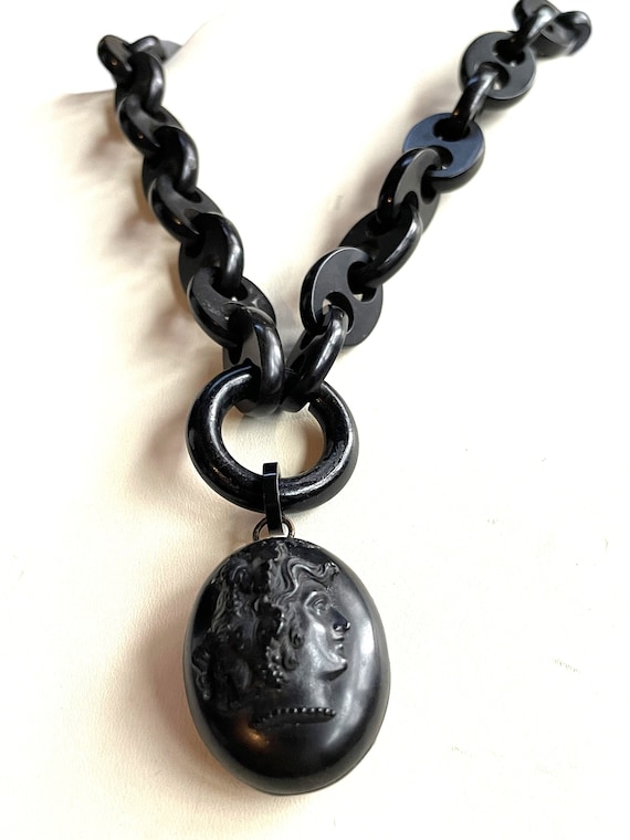 Victorian Vulcanite Chain Necklace with Cameo Lock