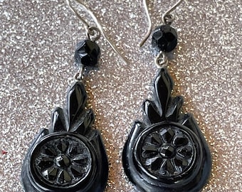 Victorian Earrings Whitby Jet Daisy Original