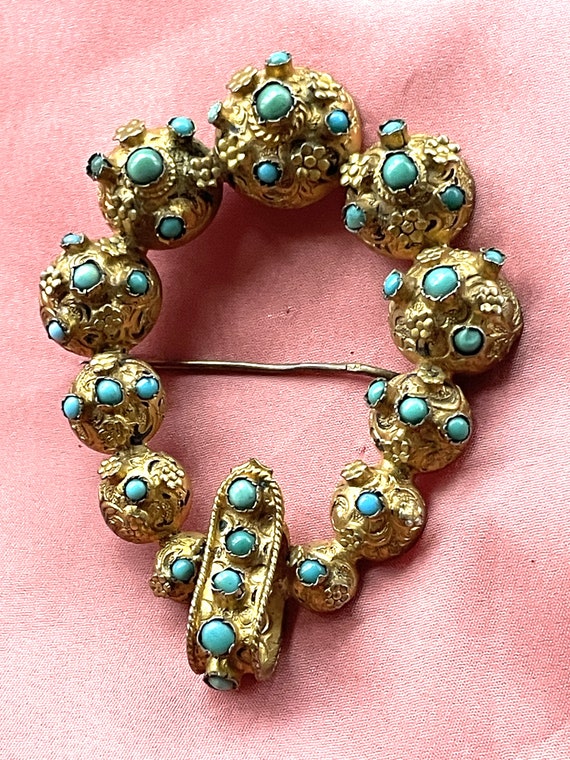 Victorian Gold and Turquoise Buckle Brooch - image 8