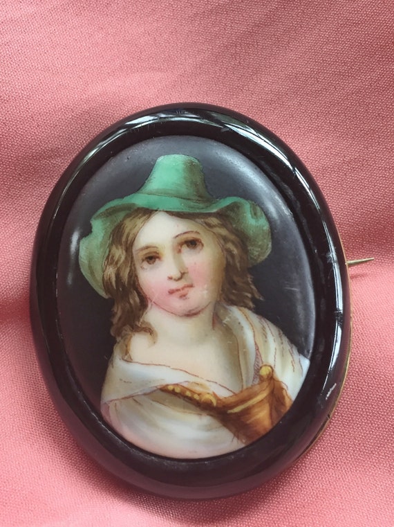 Victorian Brooch Whitby Jet Painted Porcelain Tyro