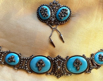 Georgian Brooch and Bracelet Cut Steel Blue Glass