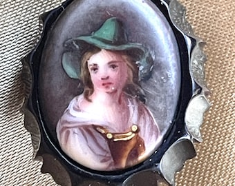 Victorian Brooch Whitby Jet Painted Porcelain Vagabond Boy