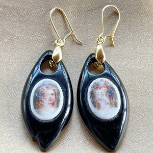 Victorian Earrings Hand Painted Porcelain on Whitby Jet
