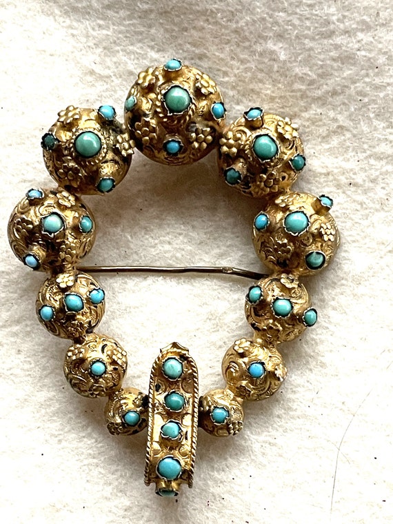 Victorian Gold and Turquoise Buckle Brooch - image 6