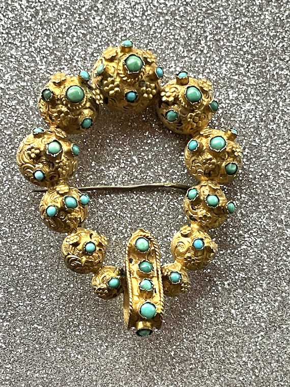 Victorian Gold and Turquoise Buckle Brooch - image 1