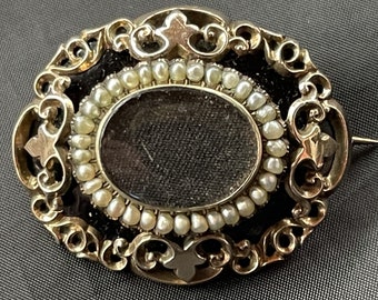 Victorian Gold Enamel and Seed Pearl Mourning Brooch with Hair