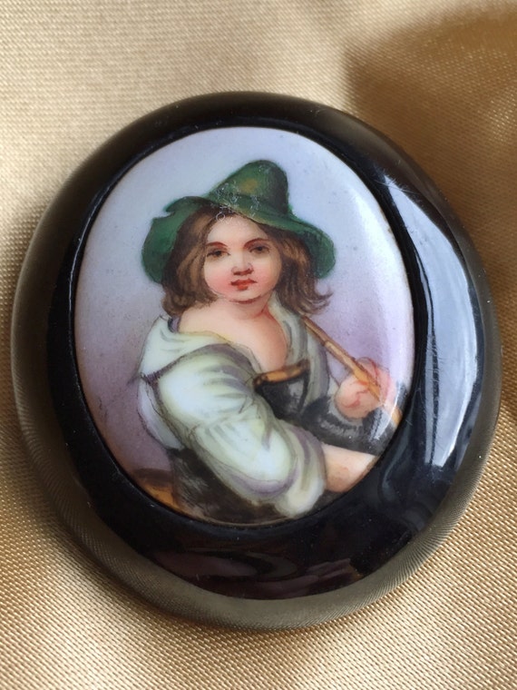 Victorian Brooch Whitby Jet Painted Porcelain Tyr… - image 2