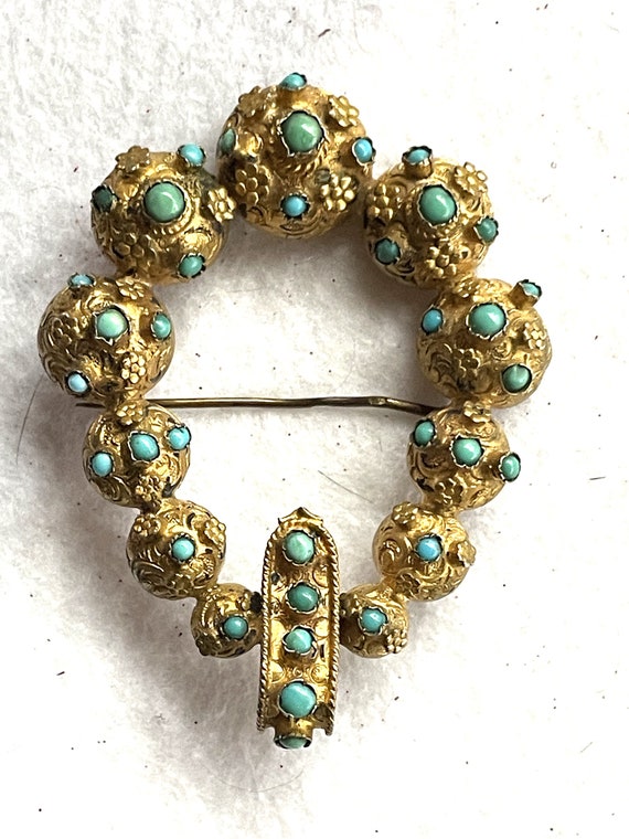 Victorian Gold and Turquoise Buckle Brooch - image 2