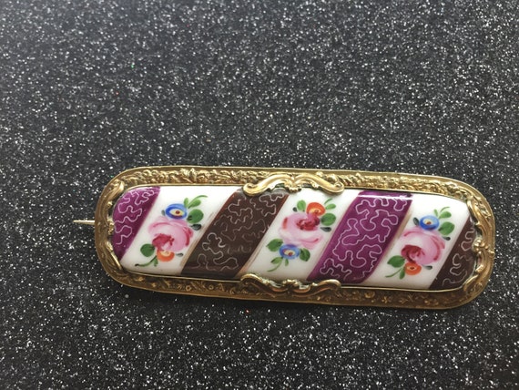 Victorian Brooch Enamel Hand Painted Flowers on Porcelain