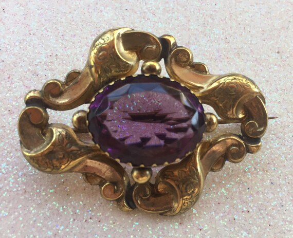 Large Rectangular Sash Pin 3 Inch Antique Brooch 1800s Victorian Etruscan Revival Byzantine Floral Purple Rhinestones Pink Navette Crystal