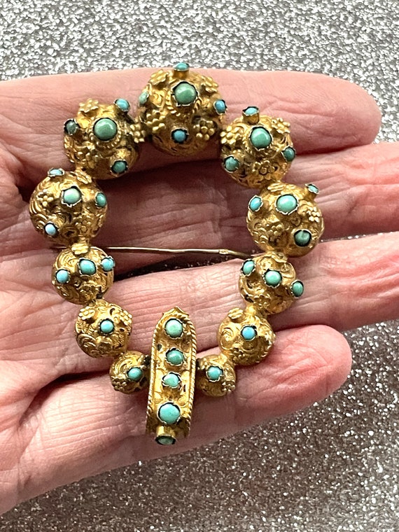Victorian Gold and Turquoise Buckle Brooch - image 7