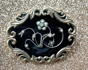Victorian Mourning Brooch - Enamel, Seed Pearls, Hair Forget Me Not with Small DIamond