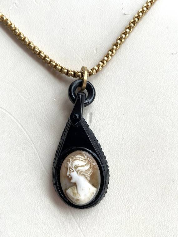 Victorian Cameo Whitby Jet Pendant with Modern Go… - image 2