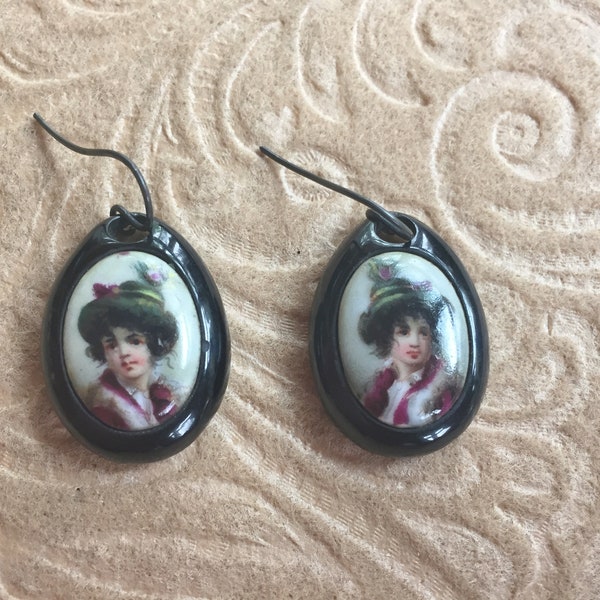 Victorian Earrings Hand Painted Porcelain on Whitby Jet