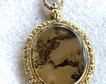 Victorian Locket Miniature Gold Moss Agate with Hair