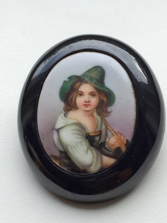 Victorian Brooch Whitby Jet Painted Porcelain Tyro