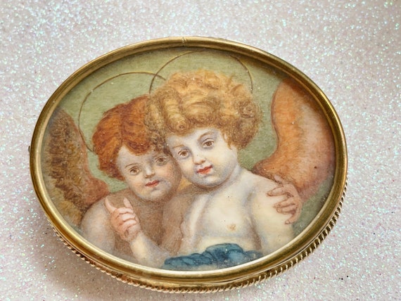 HUGE Victorian Painted Porcelain Brooch - Two Angels, Cherubs, Putti, 1850's