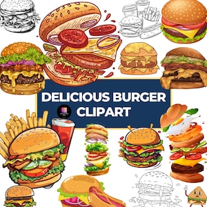 Clipart de Hambúrguer Delicioso | Ilustração de Fast Food Suculento | PNG Digital para Artesanato e Design