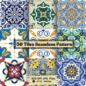 50 Seamless Tiles Pattern – Digital Mosaic Background, Geometric Tile Design for Fabric, Scrapbooking, Wall Art & Sublimation