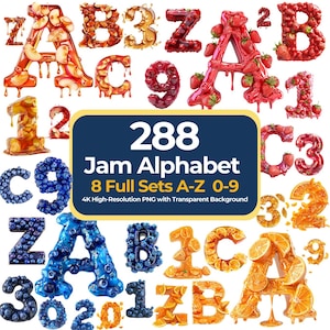 Fruit Jam Alphabet Bundle: Colorful PNG Letters, Numbers (Digital Download, 4K, 300 DPI )