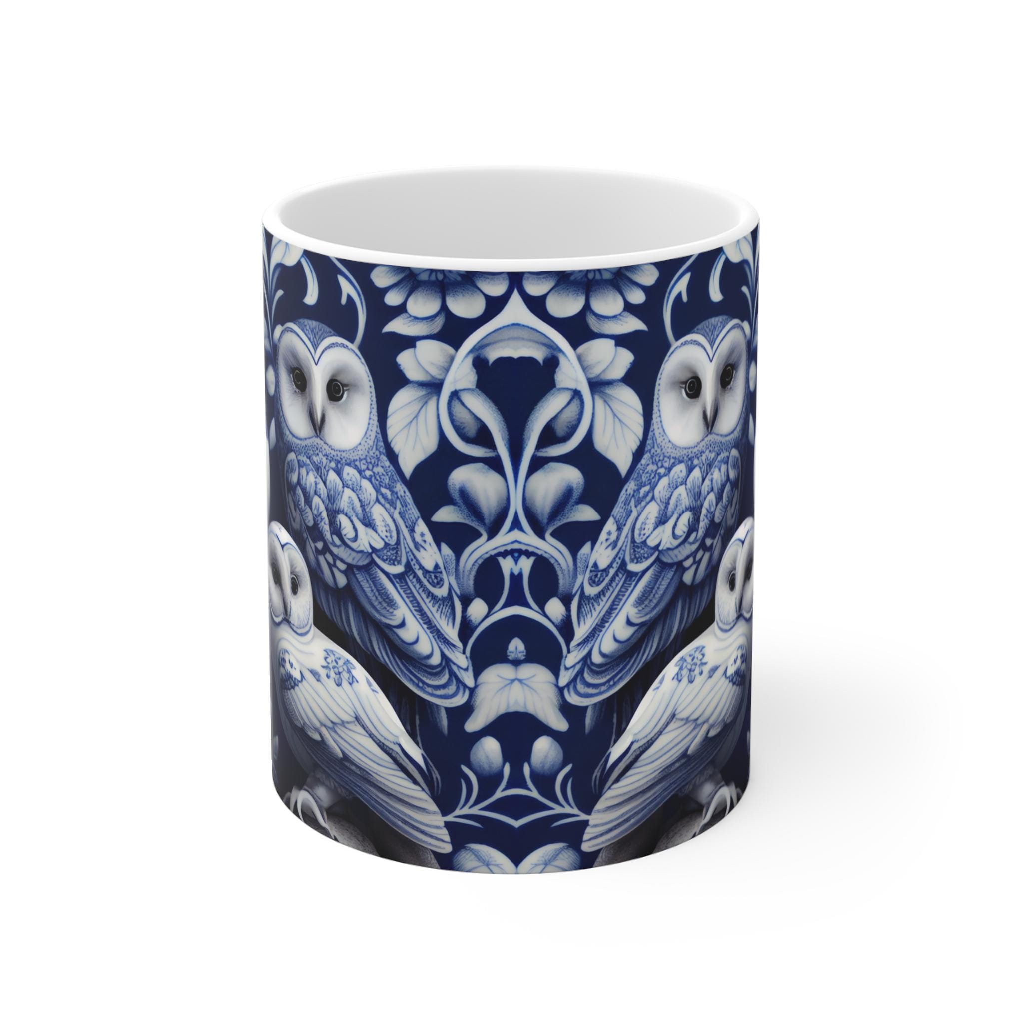 Blue Delft Owls Mug | Barn Owl Floral Pattern, Ceramic Coffee Cup