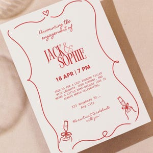 Invitation de fête de fiançailles modifiable | Faire-part numérique romantique rouge | Modèle de toile | Célébration de fiançailles moderne | Téléchargement instantané