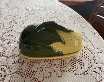 Shawnee Corn Cob Butter Dish with Lid Country Kitchen Yellow and Green Picnic King Corn