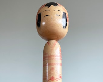 Togatta Kokeshi 36cm Japanese Wooden Doll Red Chrysanthemum Decor 14 1/4" // Condition: Nicks,scuffs,roughness,wear to wood