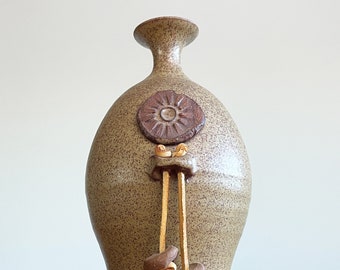 Wishon Harrell Studio Pottery Stoneware Vase With Hanging Rattle Beads 9" Tall // Condition: Leather cord has cracking