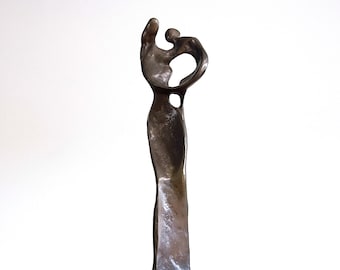 Abstract Modernist Bronze Mother and Child Sculpture Statue Figurine // Condition: Some patina, light wear, marks