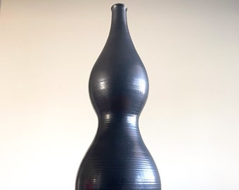 Bruce Anderson Modernist California Pottery Black Curvy Double Gourd Bottle Vase 18" Tall // Condition: A few light metal marks, scuffs