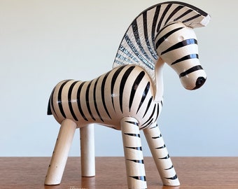 Vintage Kay Bojesen Zebra Danish Wood Toy Black White Denmark Orig Sticker 6" // Condition:  nicks,scuffs,scratches to finish ~ Dust dirt