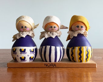 Butticki Swedish Wooden Nora Trio of Women Figures Purple Yellow White // Condition: A few small stains to fabric ~ Some dust and dirt