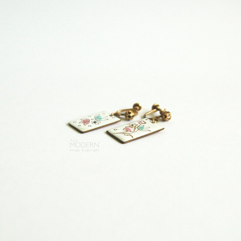 Vintage Gerte Hacker Rectangular Enamel Clip On Earrings White with Pink Blue Flowers