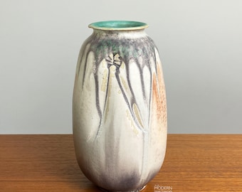 Frank Massarella Ojai California Studio Stoneware Vase Abstract Drip Glaze 2003 7 3/4" Tall // Condition: Metal marks ~ Glaze pops