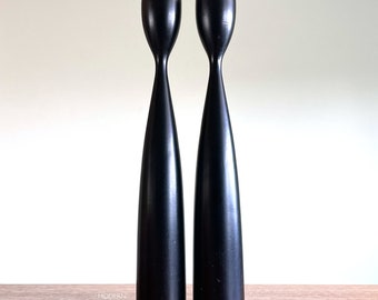 2 Danish Tapio Wirkkala Black Wood Candleholders Scandinavian 11 1/2" Tall // Condition: Wear,scratches,usage marks. 1 candle missing insert