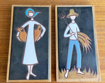 2 Helen Michaelides Greek Country Stylized Farmers Tile Wall Plaques // Condition: Dirt,grime ~ Frame wear,rust to hooks