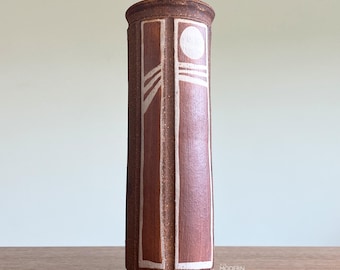 Bob Sakoda Modernist Moon Decor Cylindrical Stoneware Vase 8" // Condition: Pops and lines in glaze