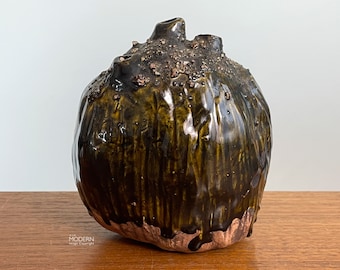 Brutalist Three Hole Pottery Weedpot Vase Applied Rock Drip Glaze 4 3/4" Tall // Condition: A little wobbly, not perfectly flat on bottom