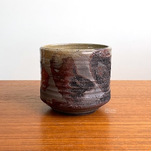 Raku Studio Pottery Stoneware Chawan Tea Bowl with Abstract Decor 3 3/8" Tall