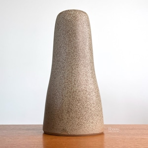 May include: A tall, speckled vase with a flared base and a narrow neck. The vase is a neutral beige color with a textured surface. The vase is a decorative item for the home.
